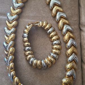 Vintage Heavy Hinged Gold and Silver tone Costume Necklace & Bracelet Set
